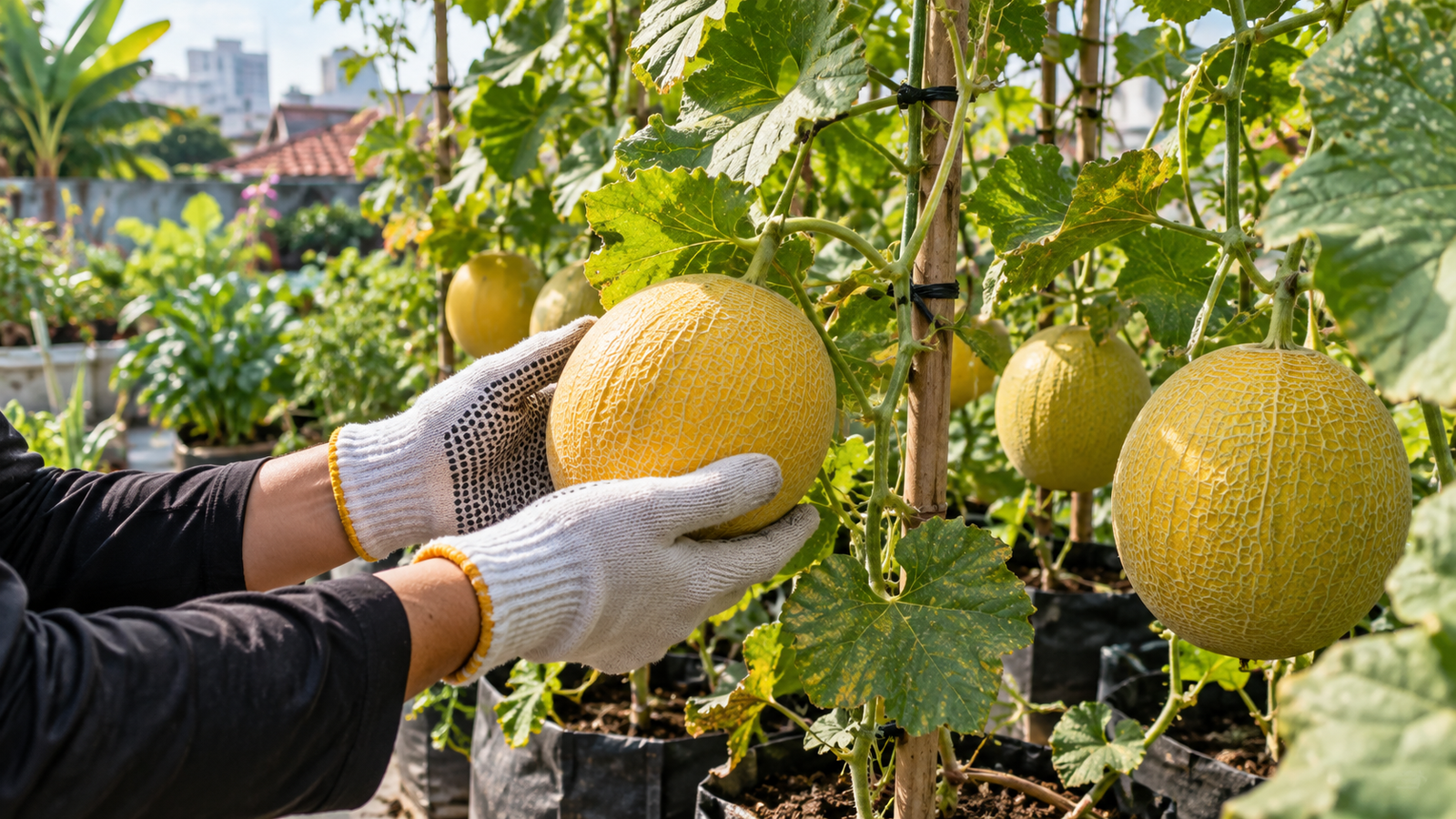 Ilustrasi AI golden melon di kebun, bukan panen Rawamangun