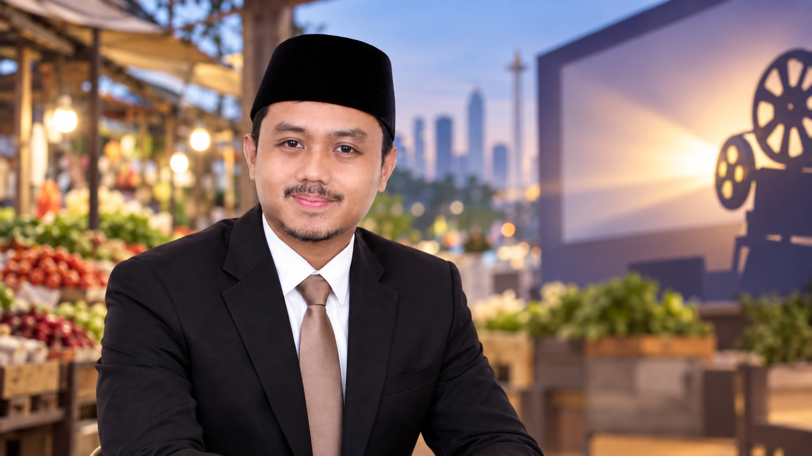Ilustrasi AI M. Al Fatih dengan latar konseptual pasar dan layar film.