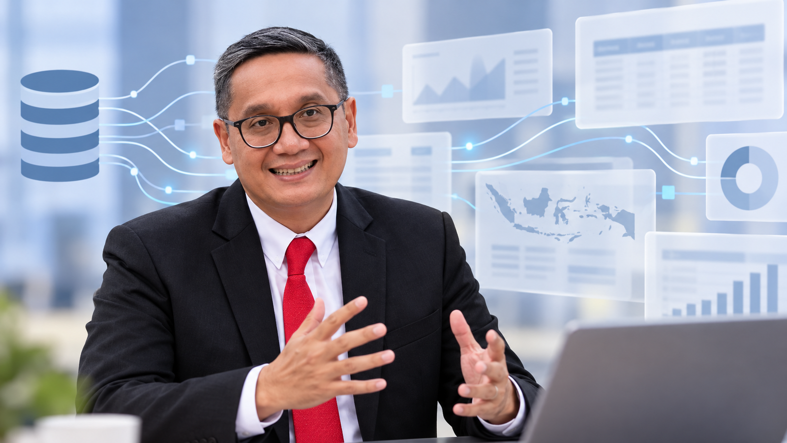 Ilustrasi AI Putra Nababan dengan latar konseptual data dan informasi.